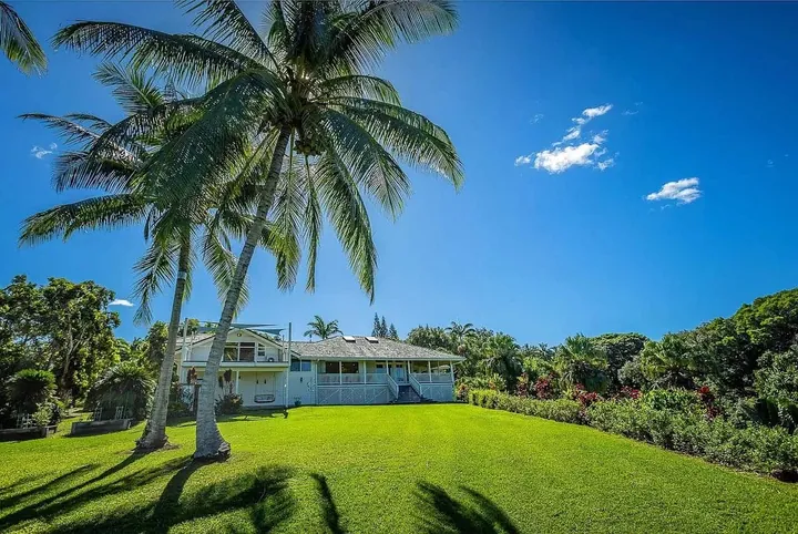 Maui home with coconut palms and a manicured lawn